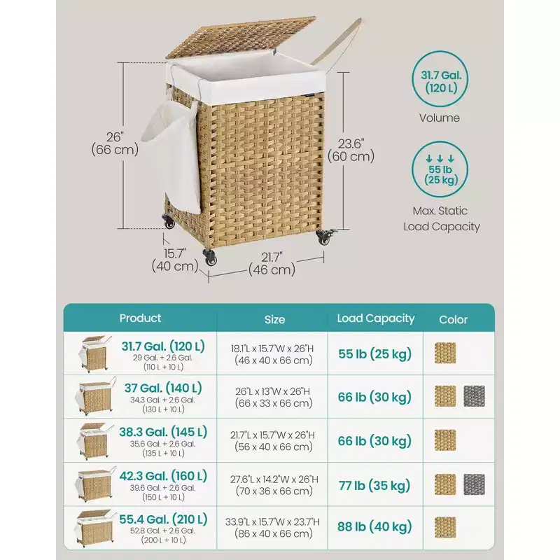 Rolling Laundry Hamper with Wheels, 2-Compartment Synthetic Rattan Basket with Removable Liner