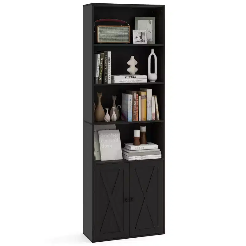71 Farmhouse Bookcase with Doors with 6 Shelves & 2-Door Cabinet for Bedroom White/Black