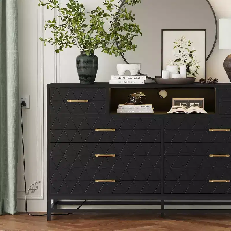 Zstar Modern 8-Drawer Dresser with Built-in USB and AC Charging Stations, LED Lights, Black