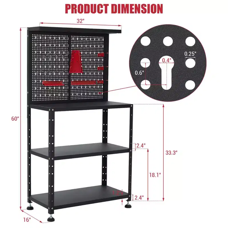 Workbench with Pegboard, Desktop Capicity , Heavy-Duty Steel Garage Workbench- with Hanging Kits and Storage Shelves, for Workshop, Garage
