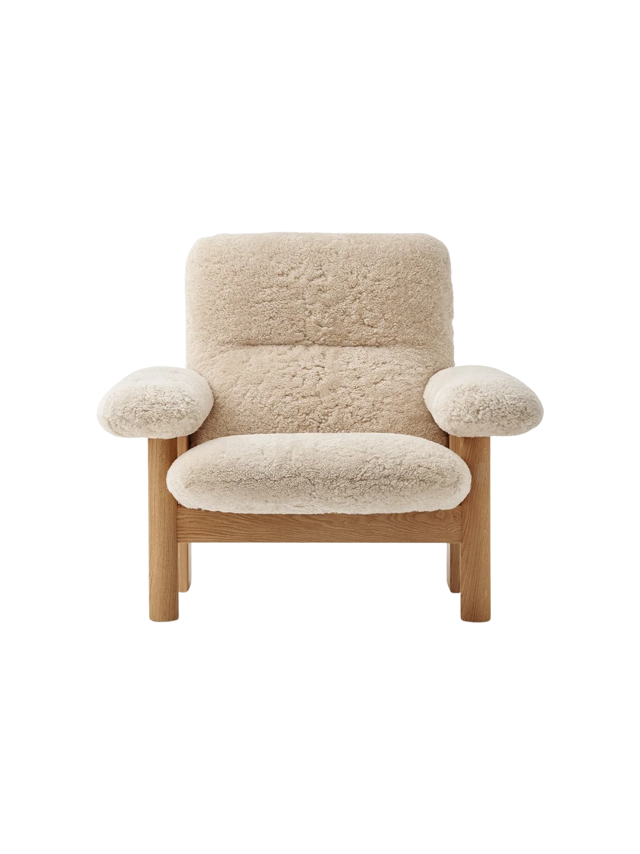 High Back Lounge Chair in Sheepskin Solid Wood Frame, Exaggerated Armrests