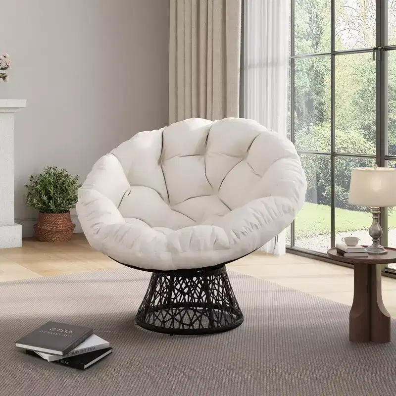 Modern 37 Ergonomic Wicker Papasan Chair, Oversized Swivel Bowl Chair with 360 Swivel Base for Bedroom, Patio, Living Room, Reading Nook