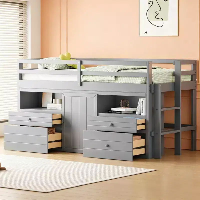 Luxystar Modern Twin Low Loft Bed with 4 Drawers, Cabinet and Shelves for Bedroom,