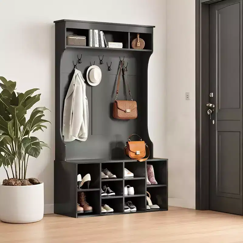 71-Inch Black Hall Tree - With Shoe Storage & 7 Hooks, Freestanding Adjustable Bench for Mudroom