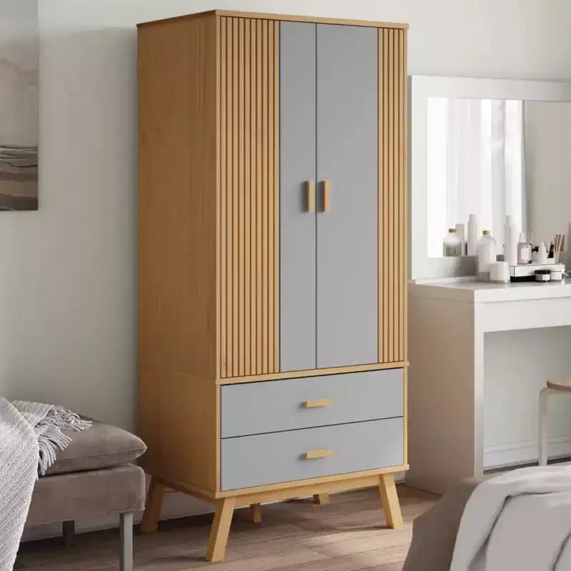 Wardrobe in Grey and Brown - Solid Pine Wood and Engineered Wood