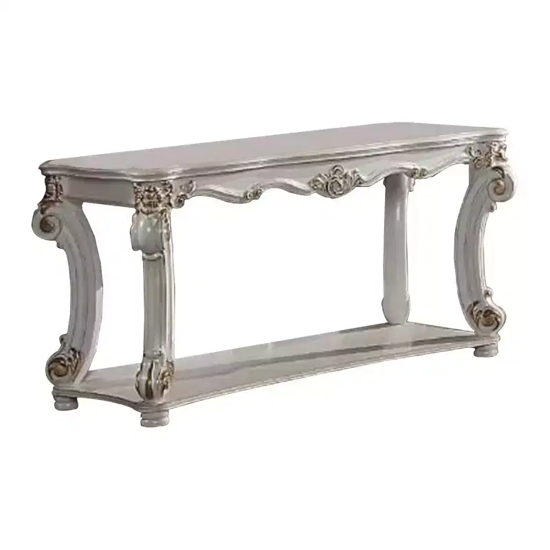 58 Inch Sofa Console Table, Classic Scrolled Legs, Brushed Gold, Shelf