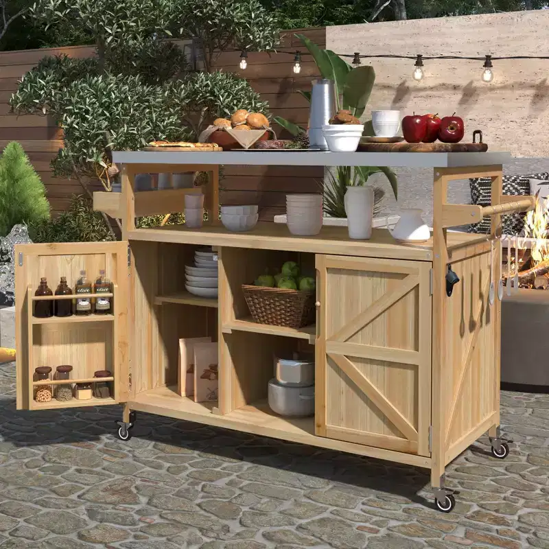 Okak Outdoor Kitchen Island with Stainless Steel Top, Wooden Kitchen Cart with Doors, Shelves and Spice Rack, Rolling Kitchen Island
