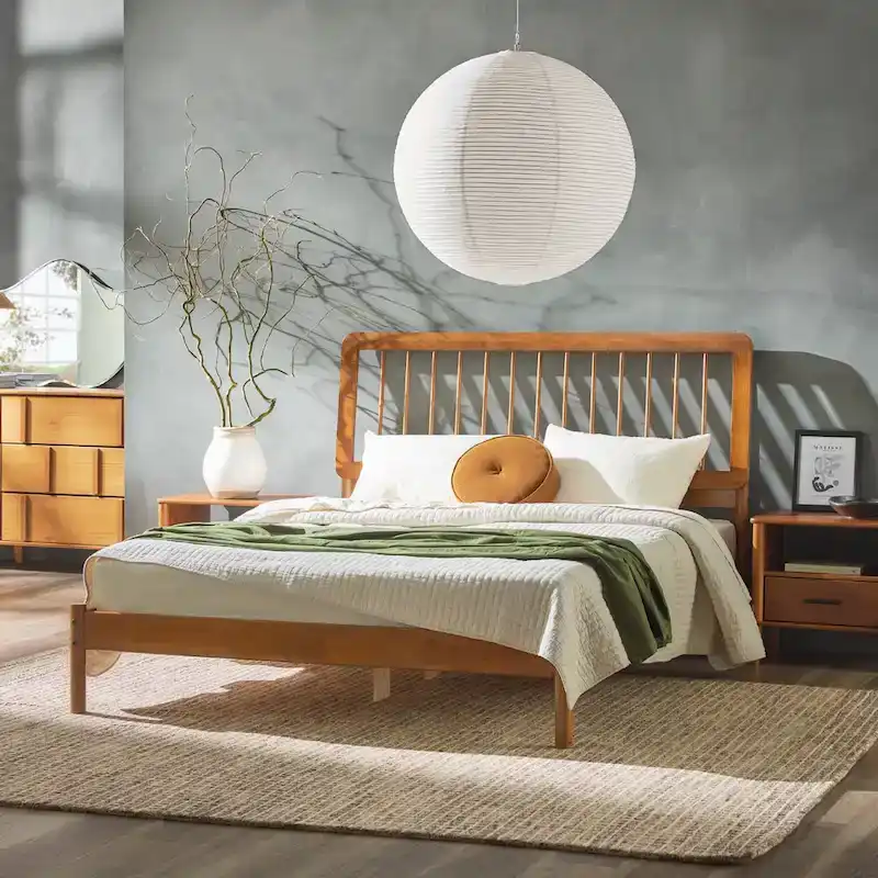 Solid Wood Queen Spindle Bed, Caramel / Natural Pine / Black, Fits 2
