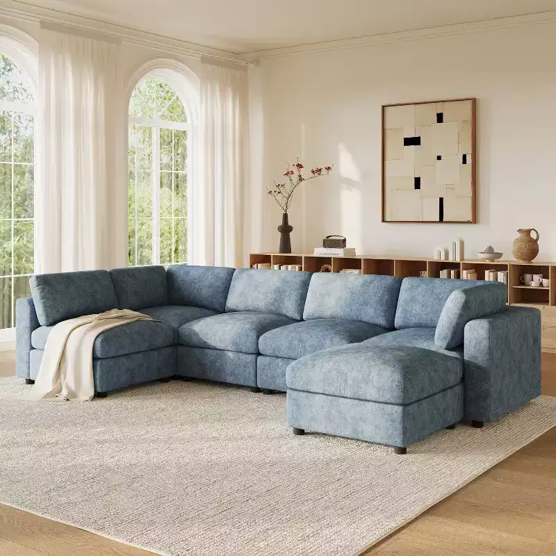 GDFStudio Hudson Modern Chenille 6-Seat Modular Sectional Sofa Sleeper U-Shaped Convertible Couch with Ottoman