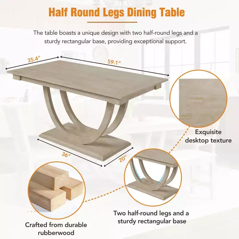 GDFStudio Timo 6 Piece Rubbewood Dinnig Set with Half Round Dining Table, Bench and 4 Chairs