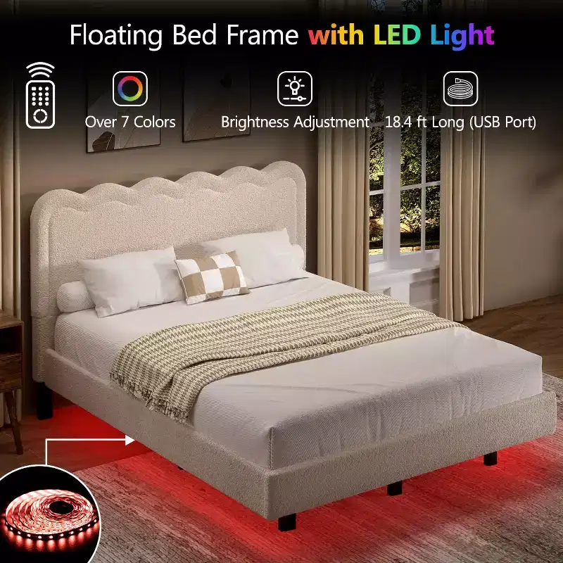 Dyonery Queen fabric bed frame with LED lights, floating bed frame with wavy headboard, no springs required, easy to assemble