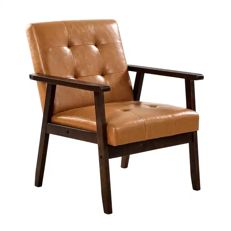 Accent Chair, Mid Century Modern Armchair with Solid Wood Frame and Non-Slip Legs, Upholstered Leisure Chair with PU Leather, Brown