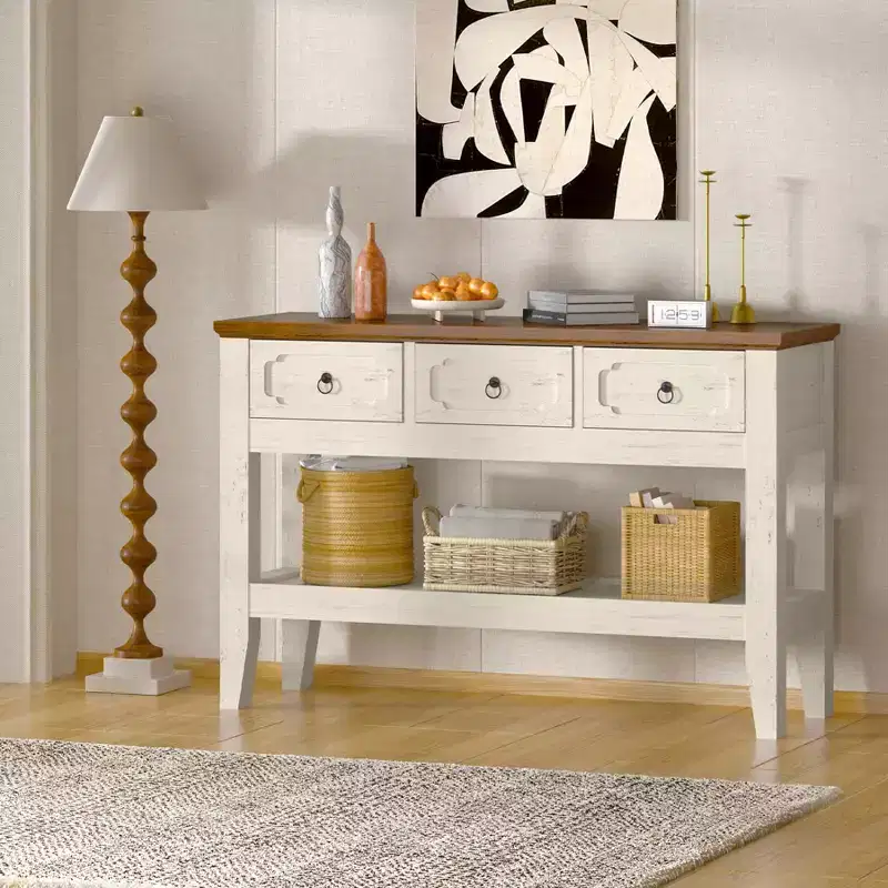 47 Console Table with Drawers, Farmhouse Rustic Entryway Table with Bottom Shelf and Solid Wood Legs for Entryway, Living Room