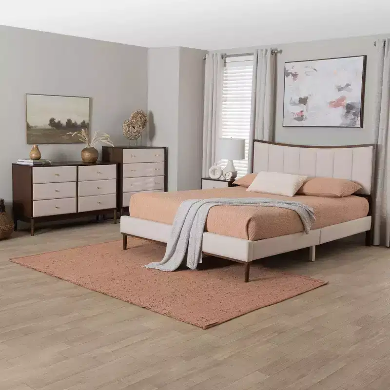 Baxton Studio Nikolai Mid-Century Channel Tufted Beige Fabric and Wenge Brown Wood 4-Piece Queen Bedroom Set