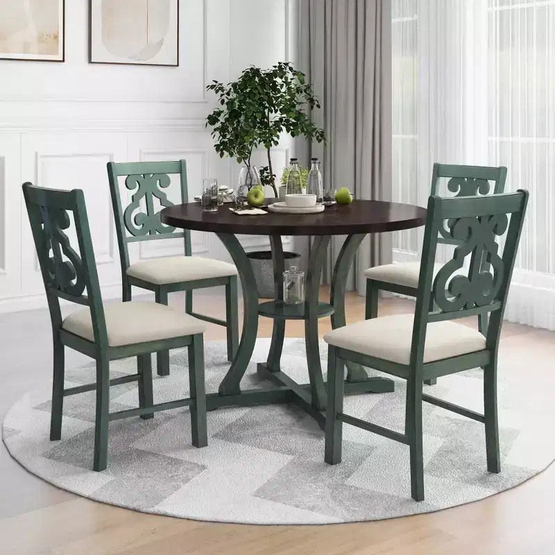 5 Pieces Wooden Round Dining Table and Chair Set with Special-shaped Legs and Exquisitely Designed Hollow Chair Back for Kitchen