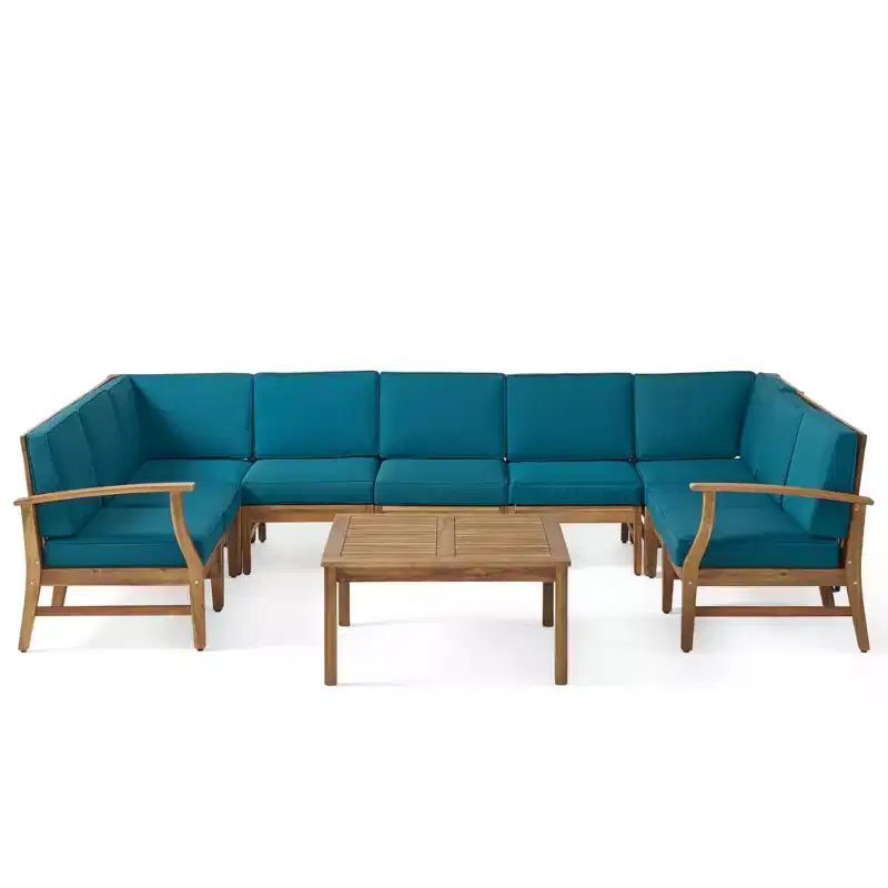GDFStudio Abena Outdoor Acacia Wood 9 Seater Sectional Sofa Chat Set with Cushions
