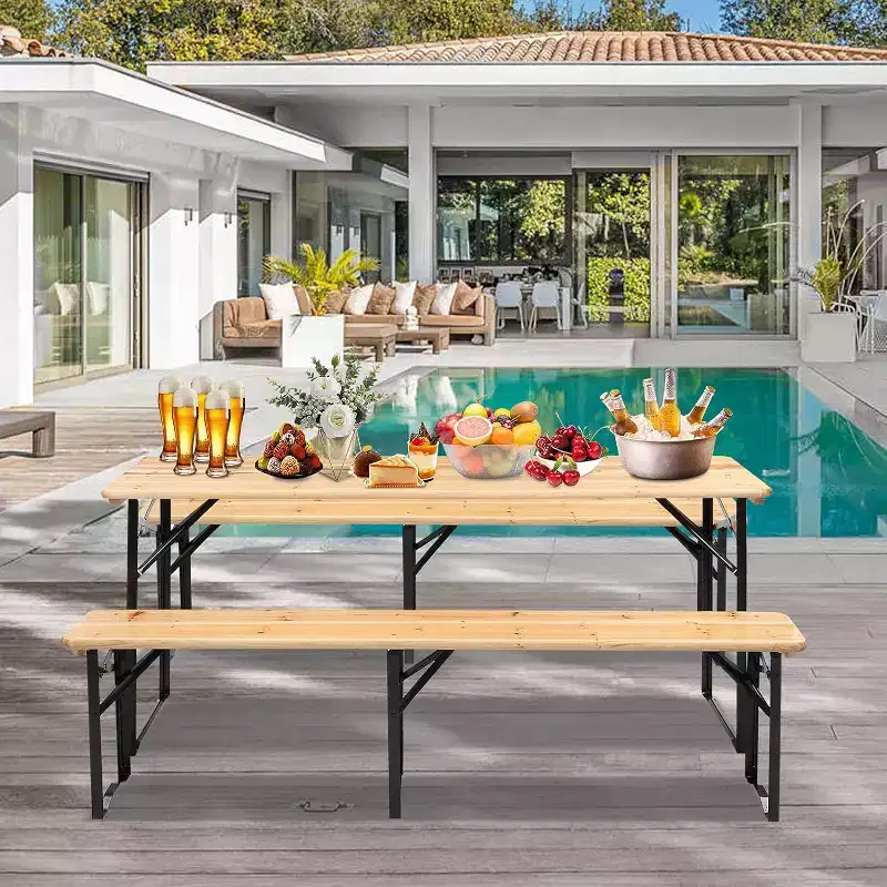 6 Foot Folding Picnic Table with Benches, Weather-Resistant Wood, Beer Camping Table with Carrying Handles