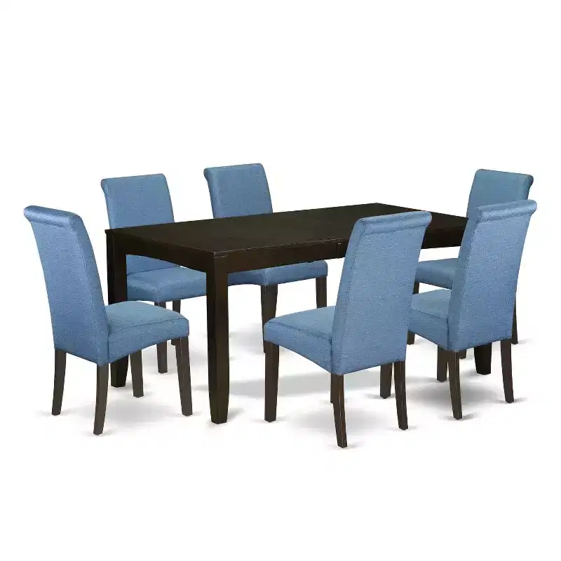 Kitchen Table 7-Piece Dining Table with Fabric Chairs Linen Blue Cappuccino Legs