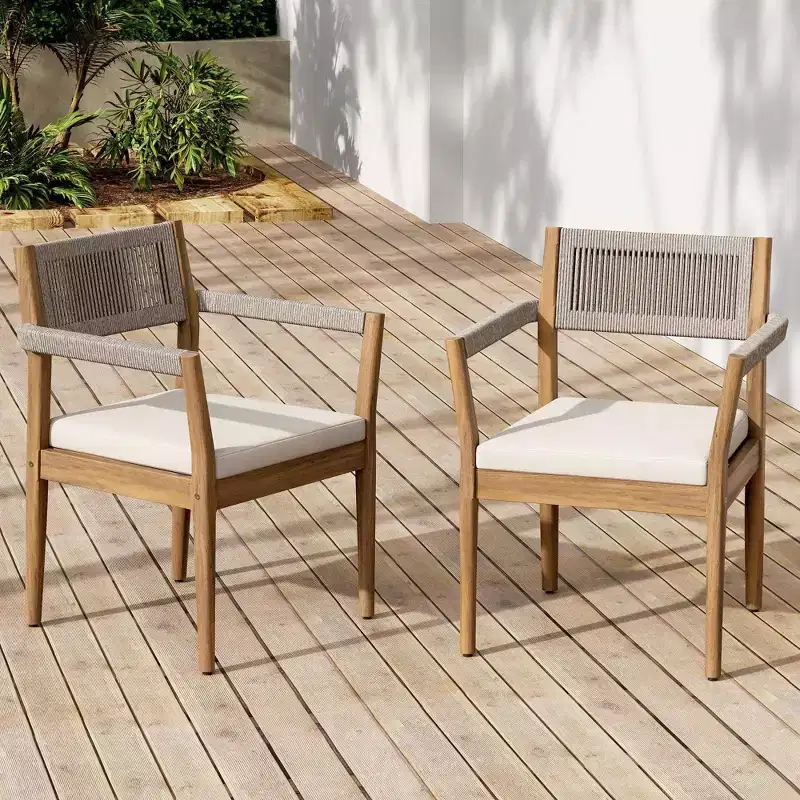NAYSAYE Patio Dining Sets Braided Acacia Wood Dining Chairs with Cushions and Armrests for Garden Poolside, Teak and Beige, 23.25*21.5*32.25