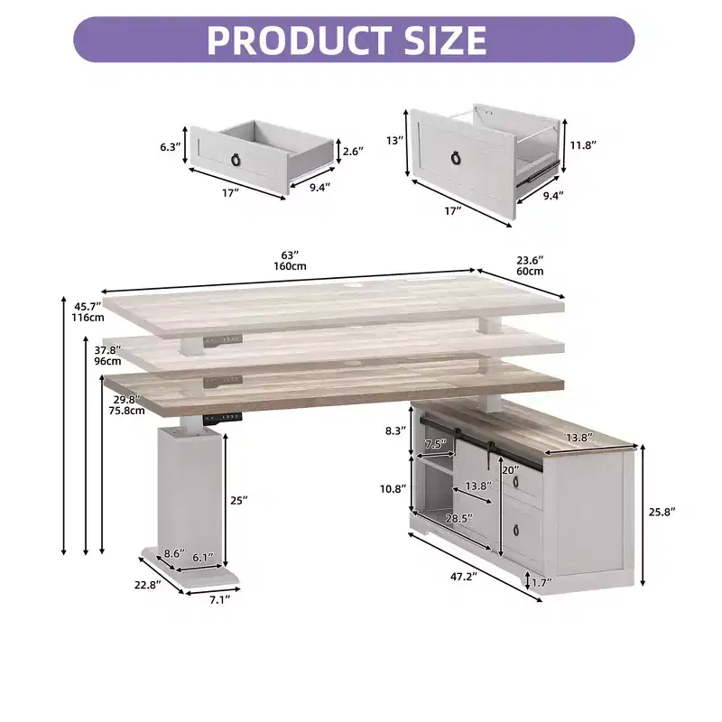 63inch Farmhouse Electric Standing Desk Adjustable Height Sit Stand Corner Stand Desks with Drawers & Sliding Door