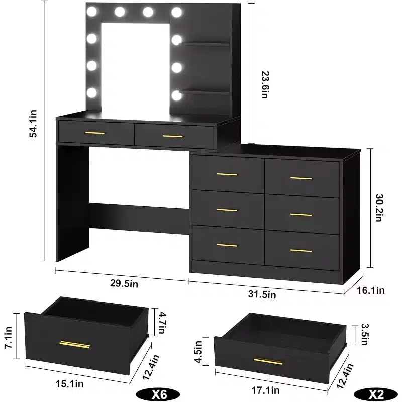 61 Makeup Vanity Desk with Mirror & Lights, 8 Wide Drawers & 2 Shelves, 3 Lighting Modes, Adjustable Brightness