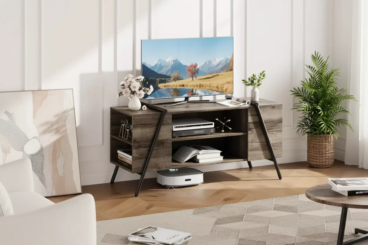 Modern Farmhouse TV Stand for 50-70 TVs  Wood Entertainment Center with Adjustable Open Shelves, U-Shaped Metal Legs  for Living Room, Bedroom