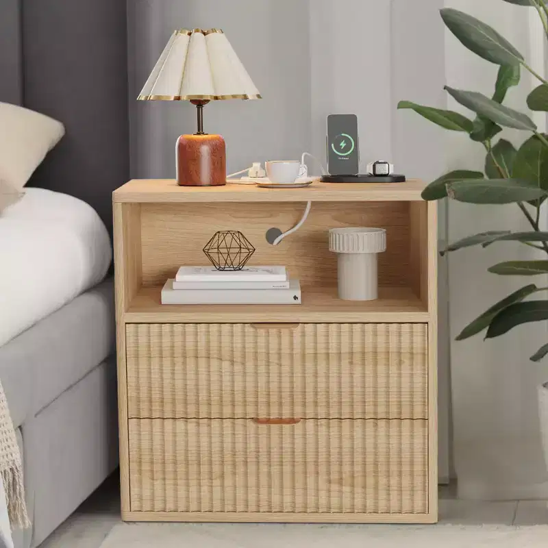 Oak-1 23 Fluted Nightstand C Mid-Century Modern Bedside Table with Charging Station & 2 Drawers