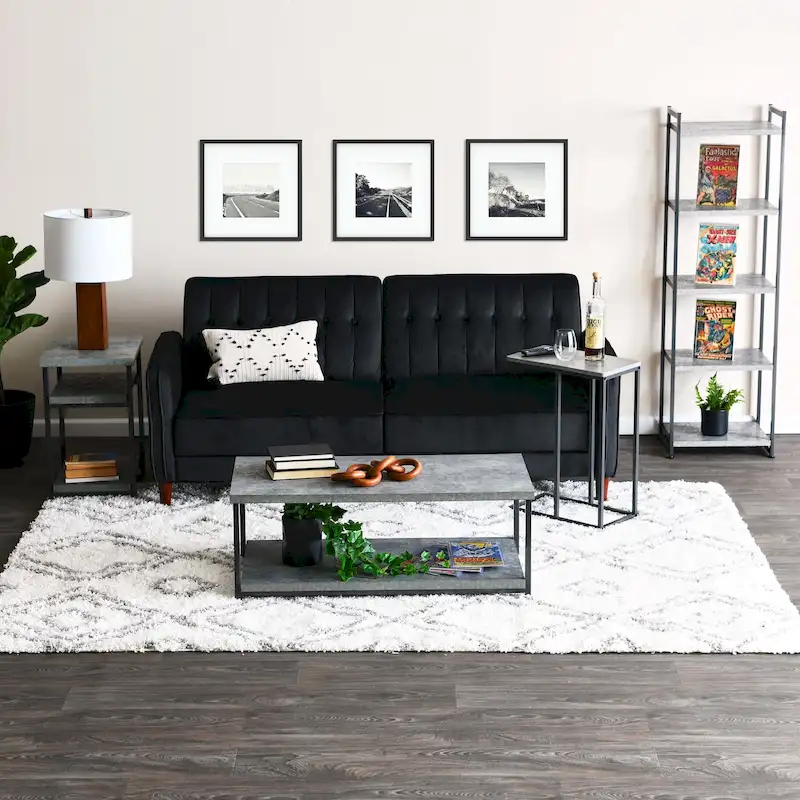 C-Shape Side Table, Faux Stone Top, Black Frame, Space-Saving Design