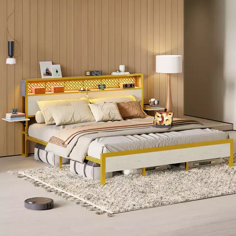 Bestier King Size Platform Bed Frame with Wood Foldable Bedside Shelves and LED Storage Headboard Charge Station