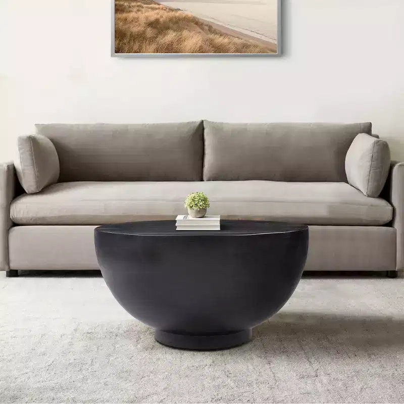 30 Inch Modern Art Coffee Table, Round Drum Shape, Solid Mango Wood