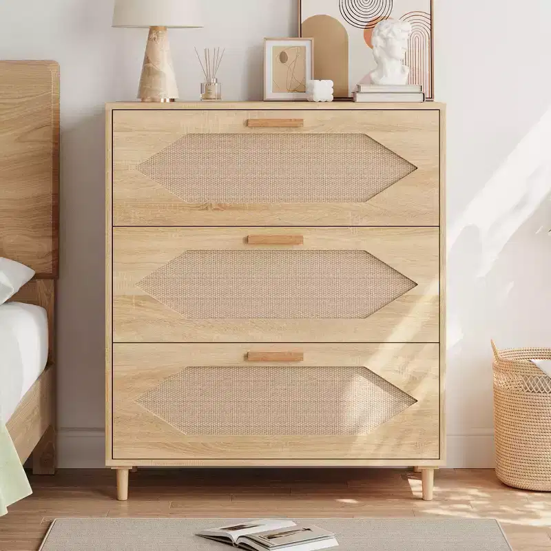 Garvee 3 Drawer Dresser for Bedroom, Rattan Front Chest of Drawers, Rustic Wood Nightstand Storage for Living Room Hallway