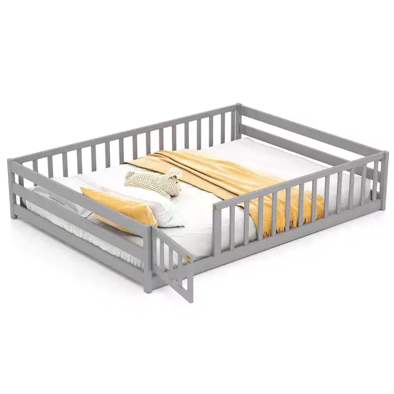 Full Size Floor Bed with Full Length Safety Guardrails and Door for Kids, Multiple Colors