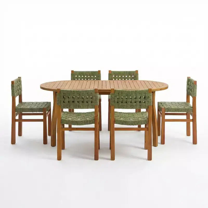 Christopher Knight Home Synci Modern 7 Piece Patio Acacia Dining Set with Slatted Table and Wicker Design