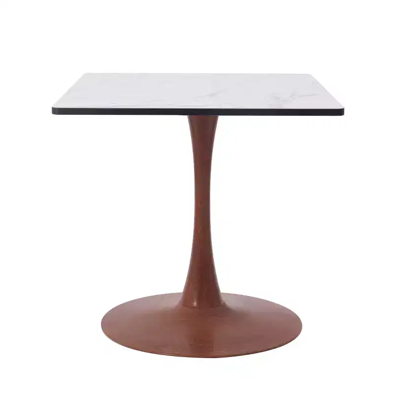 LeisureMod Bristol 27 Square Dining Table with Marbled White MDF Top and Steel Pedestal Base for Modern Kitchen and Dining Room