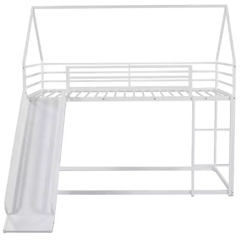 Twin over Twin Metal House Bunk Bed with Convertible Slide and Ladder