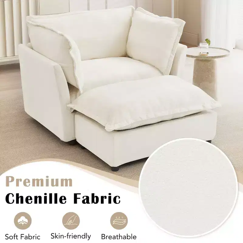 Chenille Armchair with Movable Ottoman, Wide Seat & Curved Armrests