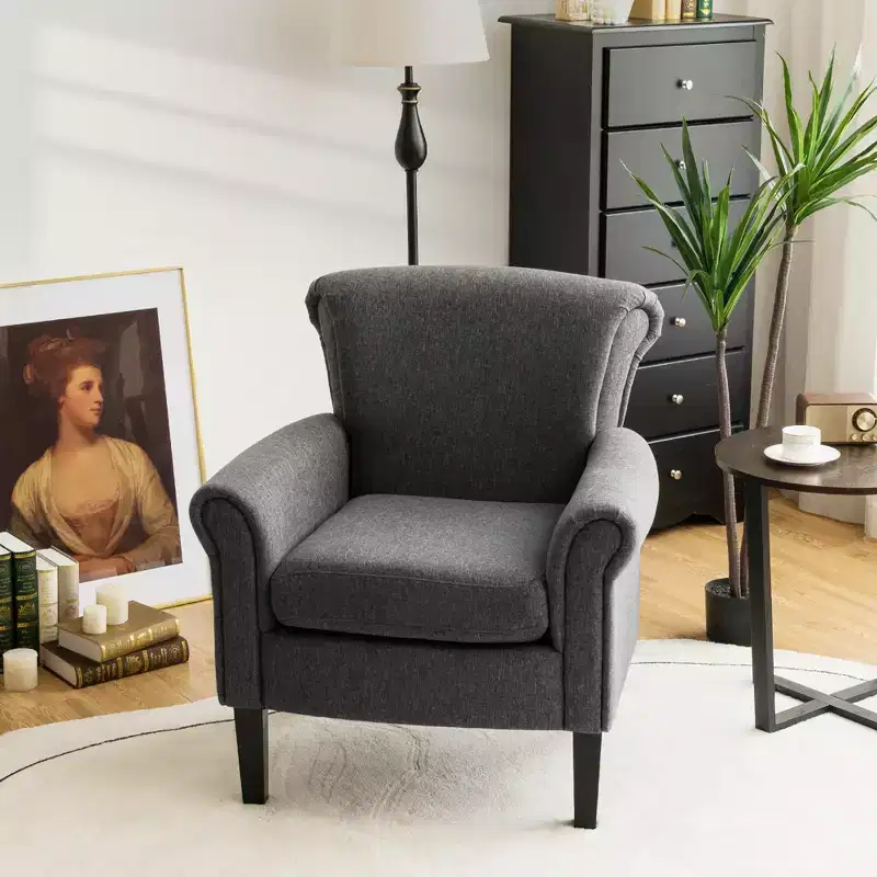 Modern Upholstered Fabric Accent Chair with Rubber Wood Legs, Dark Gray / Light Gray