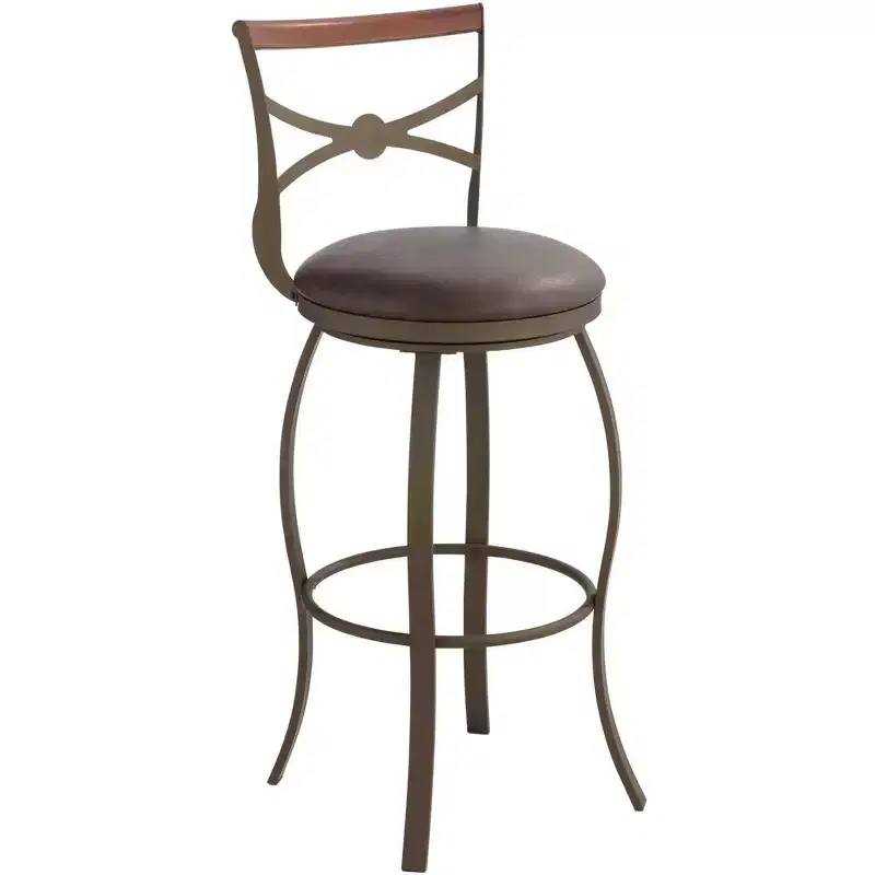 Bronze Metal Swivel Bar Stool Brown 25 High Traditional Faux Leather Round Cushion with Backrest Footrest for Kitchen Counter Height