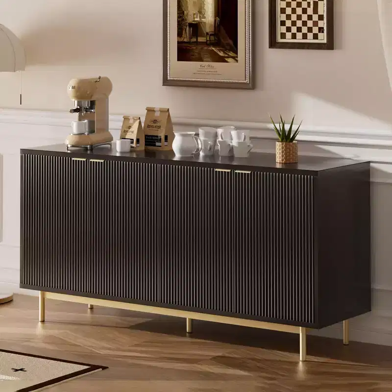 58 Wooden Console Table with 4 Fluted Doors & Adjustable Shelves Modern Sideboard Cabinet with Storage for Living Room,Kitchen & Entryway