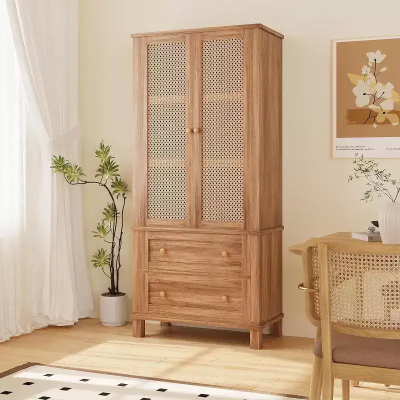Tall Kitchen Pantry Storage Cabinet with Rattan Doors and 2 Drawers, Adjustable Shelves Utility Cupboard, Stylish Storage Solution for Kitchen
