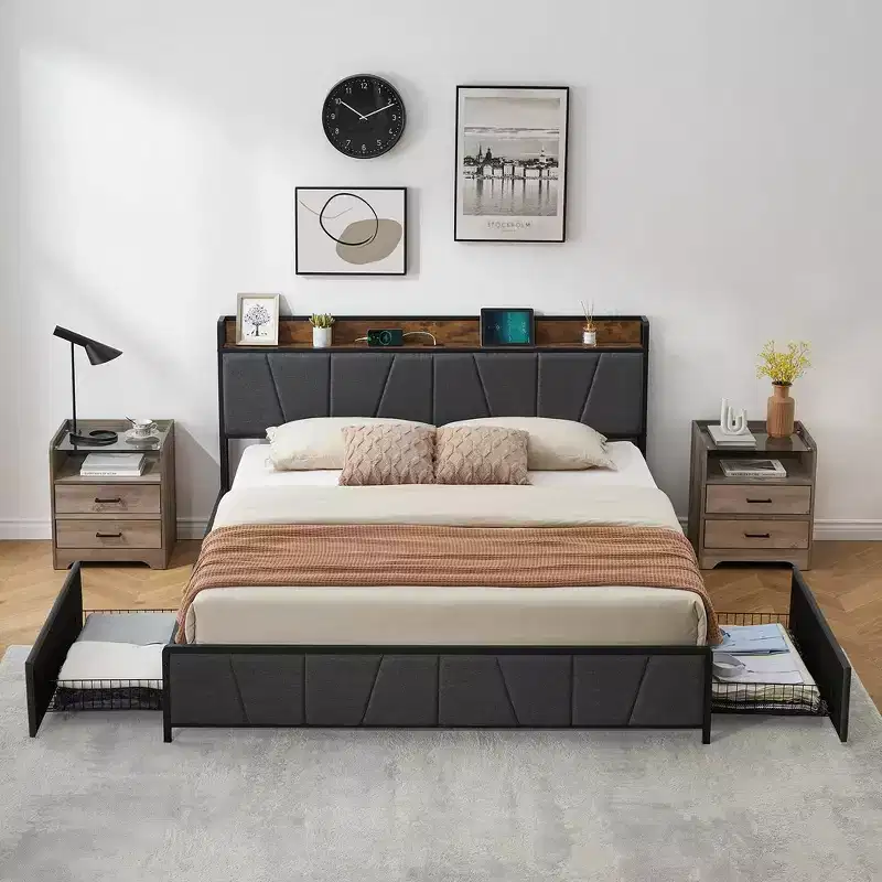 Twin/Full/Queen/King Size Bed Frame with 2 Storage Drawers and Charging Station