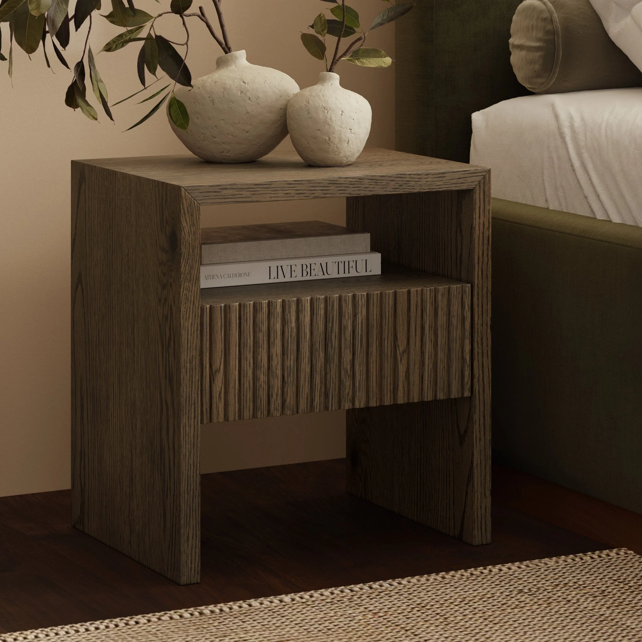 Modern Tundra Brown Nightstand with Solid Oak Frame for Bedroom