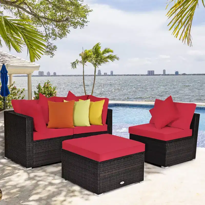 Costway 4PCS Patio Rattan Wicker Furniture Set Cushioned Sofa Ottoman Garden Turquoise\Red