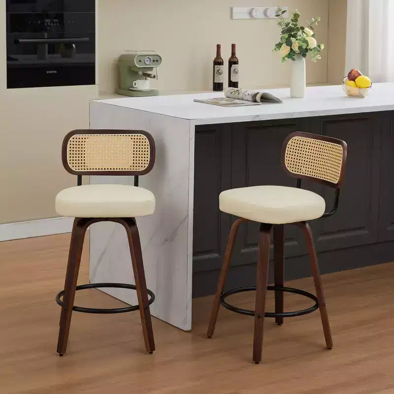CLIHOME Set of 2 Counter Height Bar Stools - 26 Rattan Counter Height Stools With Cane Back and Upholstered Seat