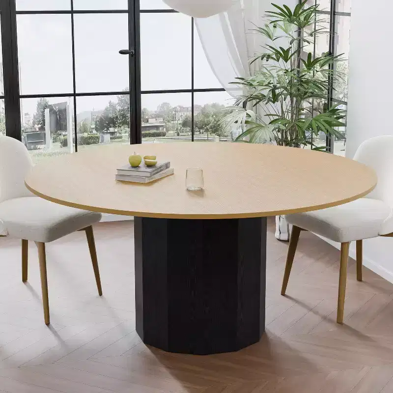 Solid Wood Round Dining Table with Cylindrical Pedestal Base, Seats 6–8 – 60