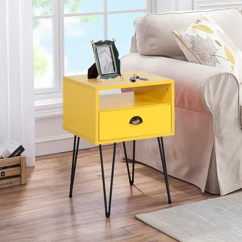 Modern Mid Century 1-Drawer Hairpin Nightstands, Brown/Blue/Black/Yellow, Four Options