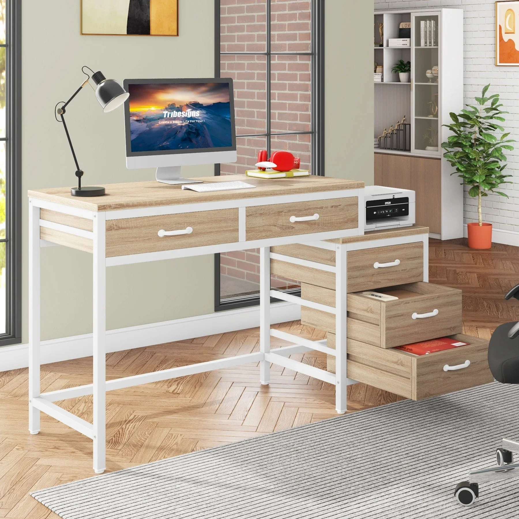 Reversible Computer Desk with 5 Drawers, Home Office Desk with File Cabinet Drawer Printer Stand