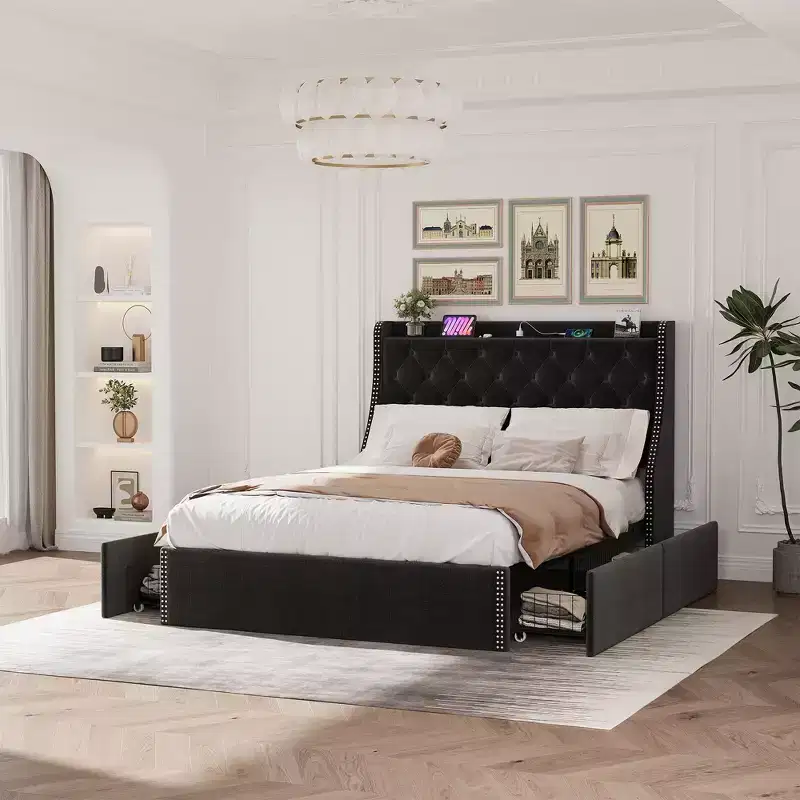 Upholstered Bed Frame with 4 Storage Drawers, Diamond Stitched Button Tufted Design, Wingback Headboard, No Box Spring Required