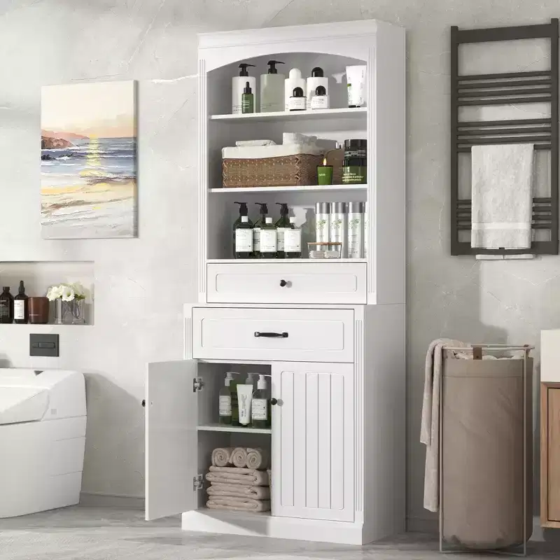 78.7'' Tall Wooden Bathroom Storage Cabinet with Drawers & Storage, Modern Bookshelf with Adjustable Shelf, White - ModernLuxe