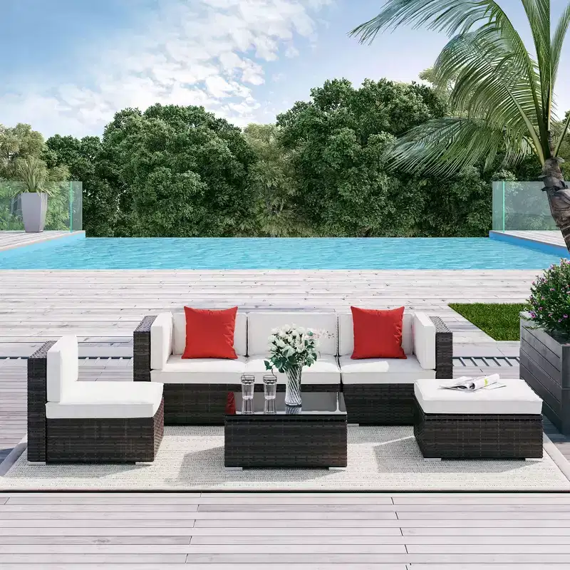 6 Piece Patio Furniture Set Outdoor Wicker Conversation Set All Weather PE Rattan Sectional Sofa Set with Ottoman, Cushions and Tempered Glass Table